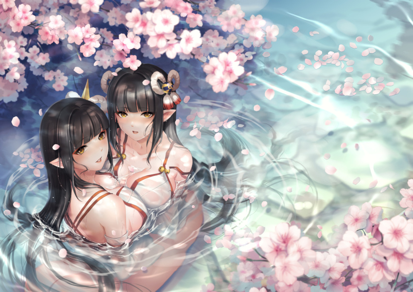 2girls, bikini, black_hair, blush, hinoa, long_hair, minoto, monster_hunter