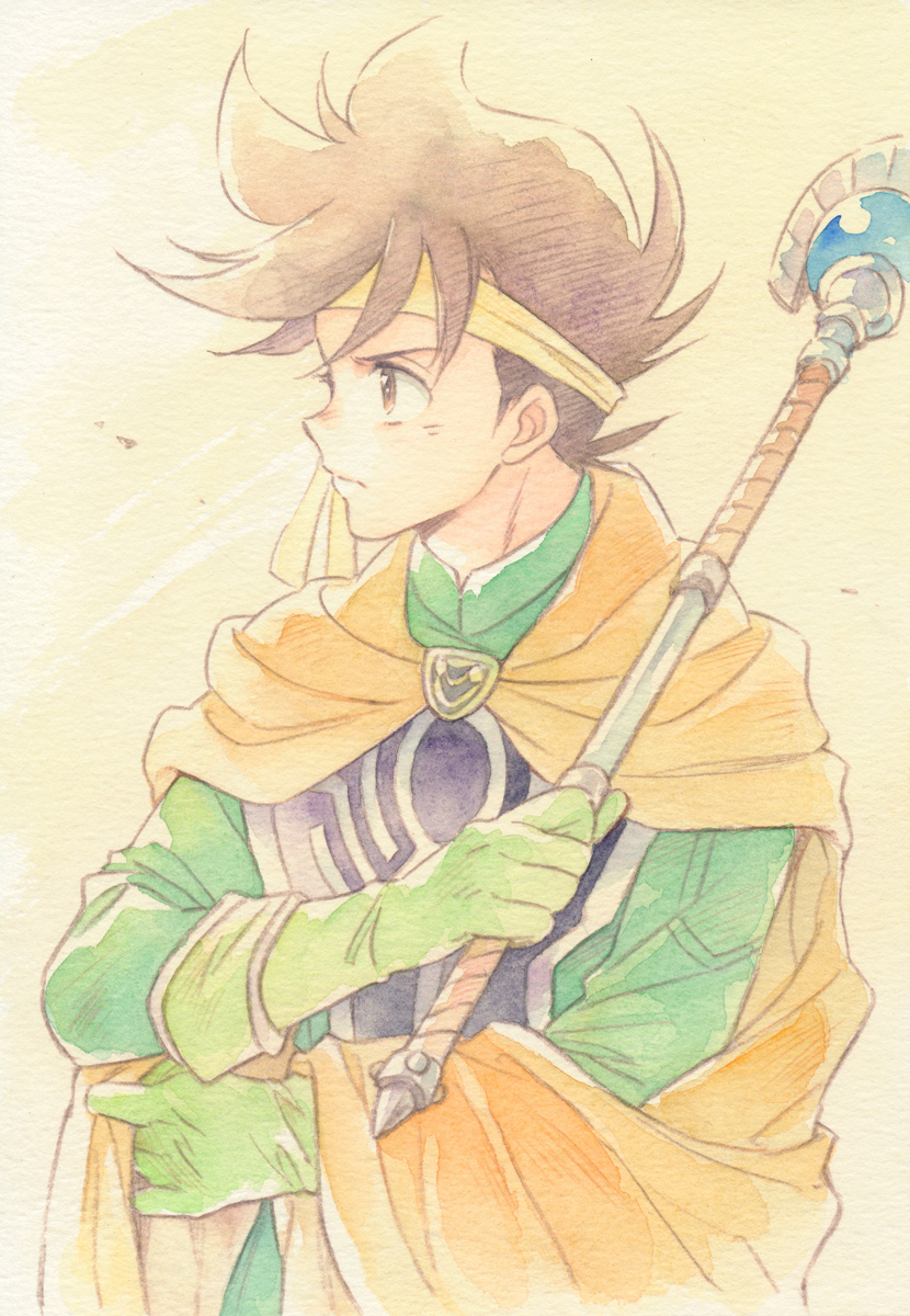 1boy, agahari, brown_eyes, brown_hair, cape, commentary_request, dragon_quest, dragon_quest_dai_no_daibouken, gloves, green_gloves, headband, highres, holding, holding_staff, long_sleeves, looking_away, looking_to_the_side, male_focus, pop_(dragon_quest_dai_no_daibouken), short_hair, solo, staff, yellow_cape, yellow_headband