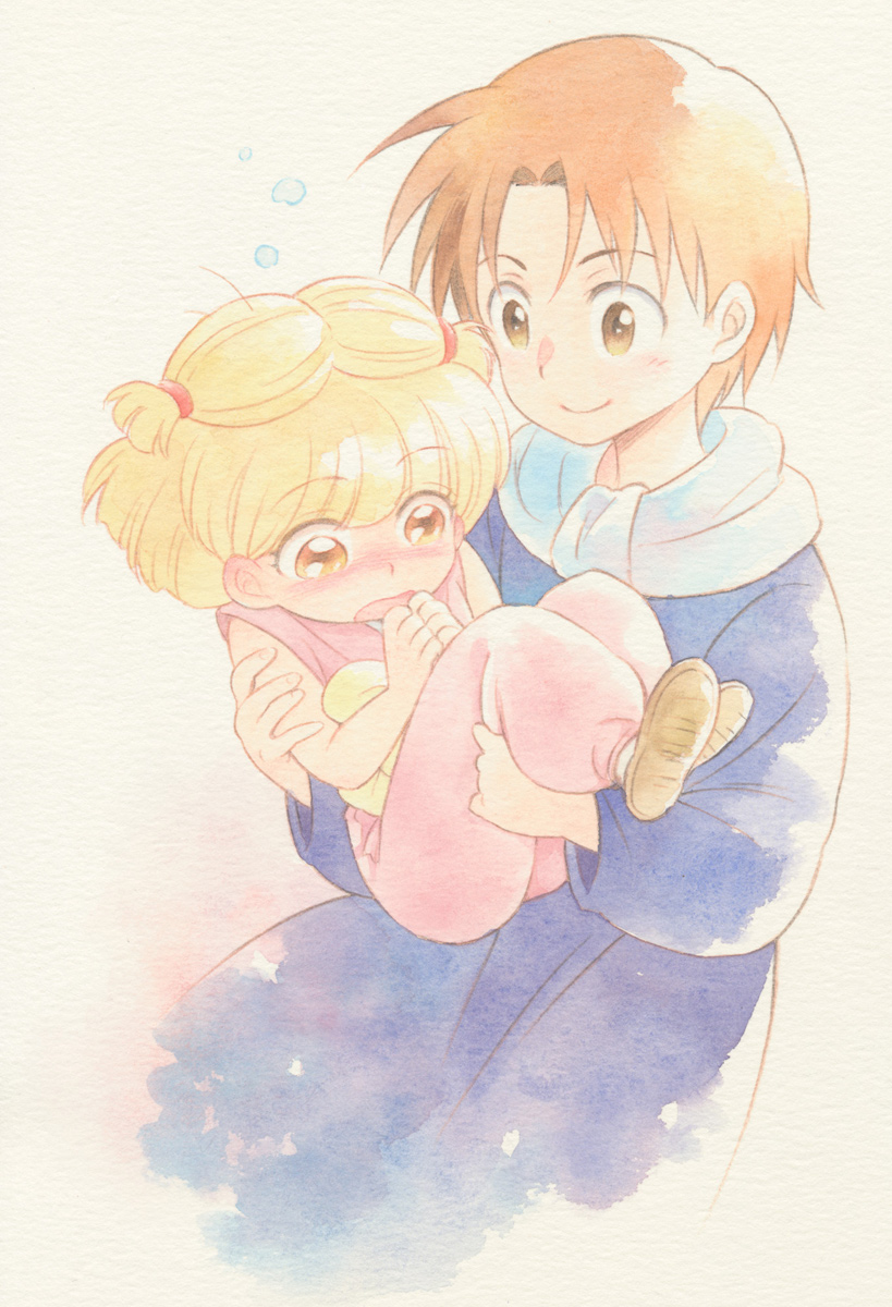 1boy, 1girl, agahari, akazukin_chacha, blonde_hair, brown_eyes, brown_hair, carrying