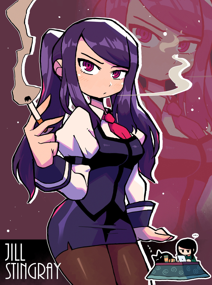 1girl, absurdres, bartender, black_cat, cat, cigarette, dot_mouth, fore, furrowed_brow, highres, jill_stingray, kotatsu, looking_at_viewer, miniskirt, necktie, pantyhose, purple_hair, purple_skirt, purple_vest, rariatto_(ganguri), red_eyes, red_neckwear, revision, shirt, skirt, smoke, table, twintails, va-11_hall-a, vest, white_shirt