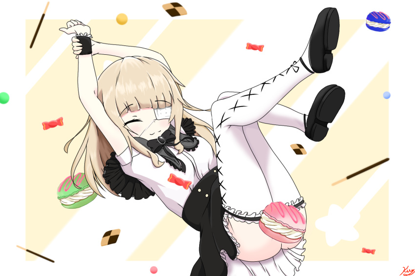 black_footwear, black_skirt, blonde_hair, bow, bowtie, candy, closed_eyes, cookie