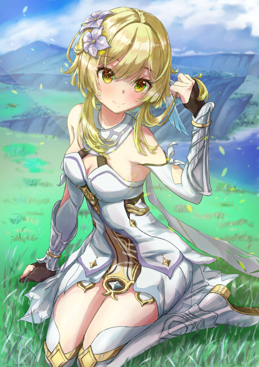 1girl, absurdres, arm_guards, bangs, blonde_hair, blue_sky, blurry, cliff, clouds, cloudy_sky, commentary_request, depth_of_field, detached_sleeves, dress, english_commentary, eyebrows_visible_through_hair, genshin_impact, grass, hair_between_eyes, highres, looking_at_viewer, lumine_(genshin_impact), mixed-language_commentary, mountainous_horizon, playing_with_own_hair, qussie, scarf, short_hair, short_hair_with_long_locks, sidelocks, sitting, sky, smile, solo, thigh-highs, wariza, white_dress, white_legwear, white_scarf, wind, yellow_eyes, zettai_ryouiki