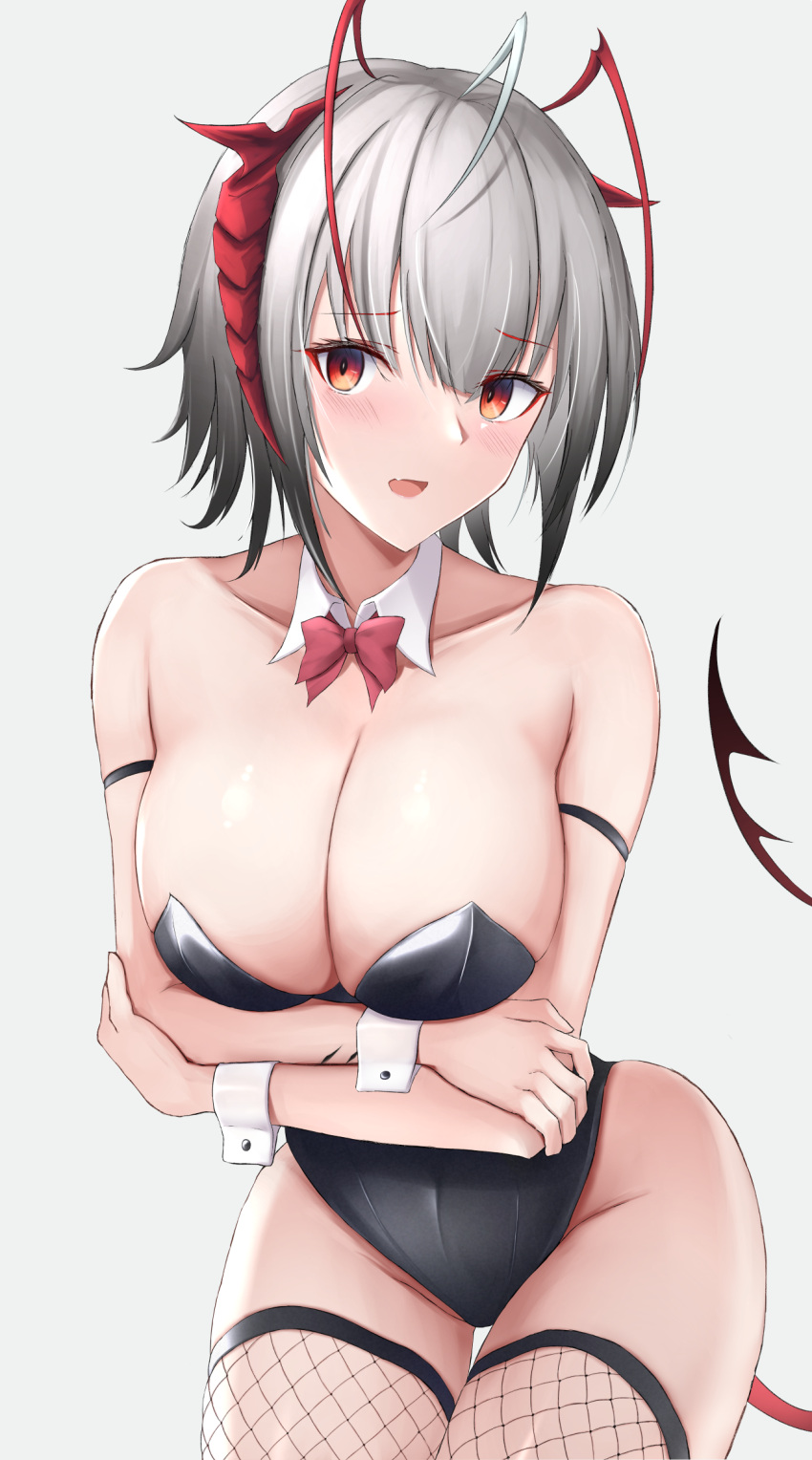 1girl, antenna_hair, arknights, arm_strap, arms_under_breasts, bangs, black_leotard, blush