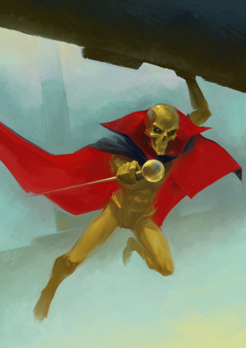 1boy, arm_up, black_cape, cape, high_collar, highres, holding, holding_scepter