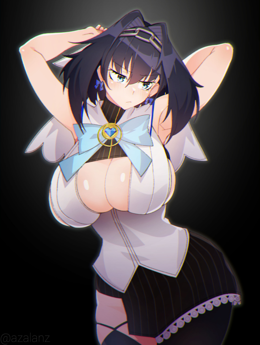 1girl, absurdres, armpits, arms_behind_head, black_background, black_hair, blue_eyes, bow