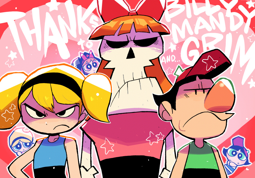 2boys, 4girls, :c, :o, angry, baseball_cap, billy_(grim_adventures), billy_(grim_adventures)_(cosplay)