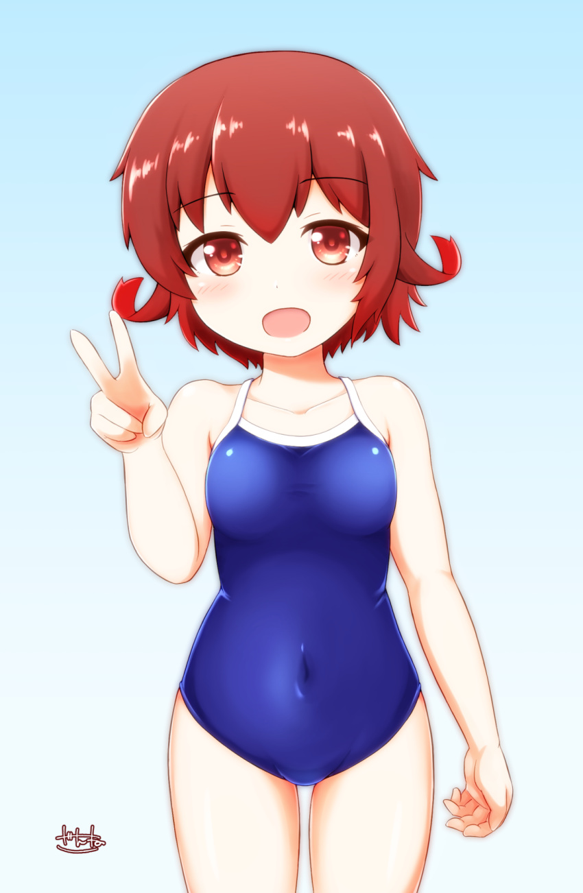 1girl, blue_background, blue_swimsuit, blush, breasts, collarbone, competition_school_swimsuit, covered_navel