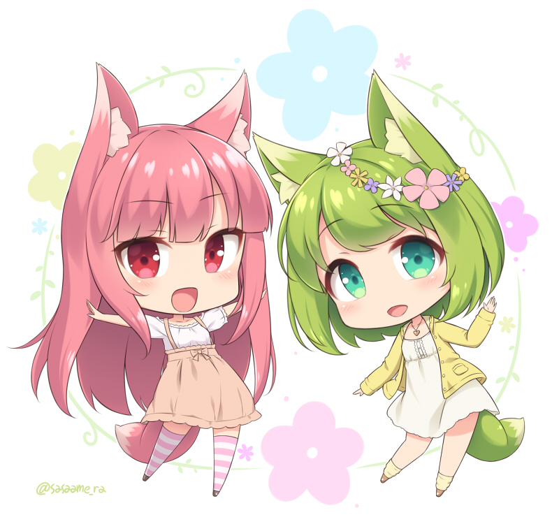 2girls, :d, animal_ears, blush, bob_cut, chibi, flower, fox_ears