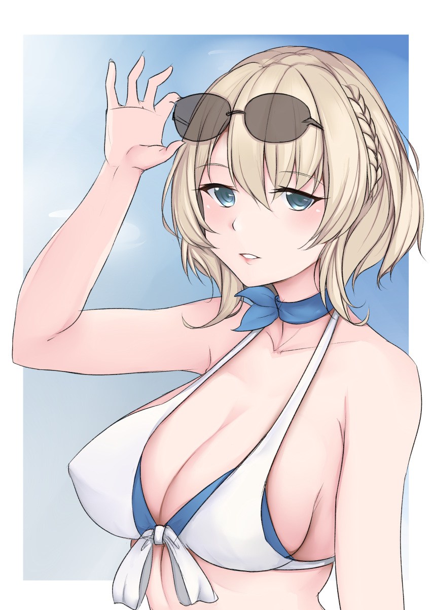 1girl, absurdres, alternate_costume, bikini, blonde_hair, blue_eyes, breasts, collarbone, colorado_(kancolle), eyewear_on_head, highres, jiangyou_dang, kantai_collection, medium_breasts, short_hair, side_braids, solo, sunglasses, swimsuit, upper_body, white_bikini