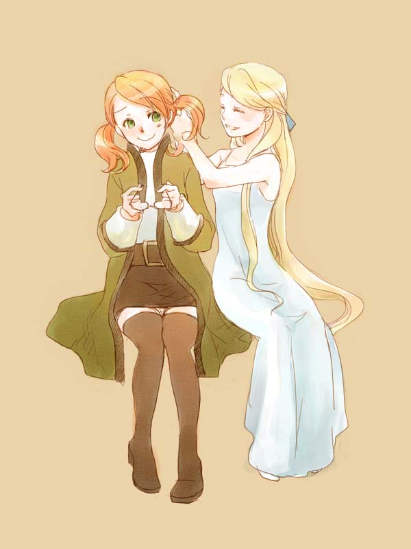 aria_benett, bare_shoulders, blonde_hair, boots, closed_eyes, dress, final_fantasy, final_fantasy_iii, glasses, green_eyes, hair_grab, hairdressing, holding, holding_glasses, jacket, kariko, long_hair, multiple_girls, orange_hair, refia, scholar, short_twintails, simple_background, sitting, skirt, smile, thigh-highs, thigh_boots, thighhighs, twintails, very_long_hair, zettai_ryouiki