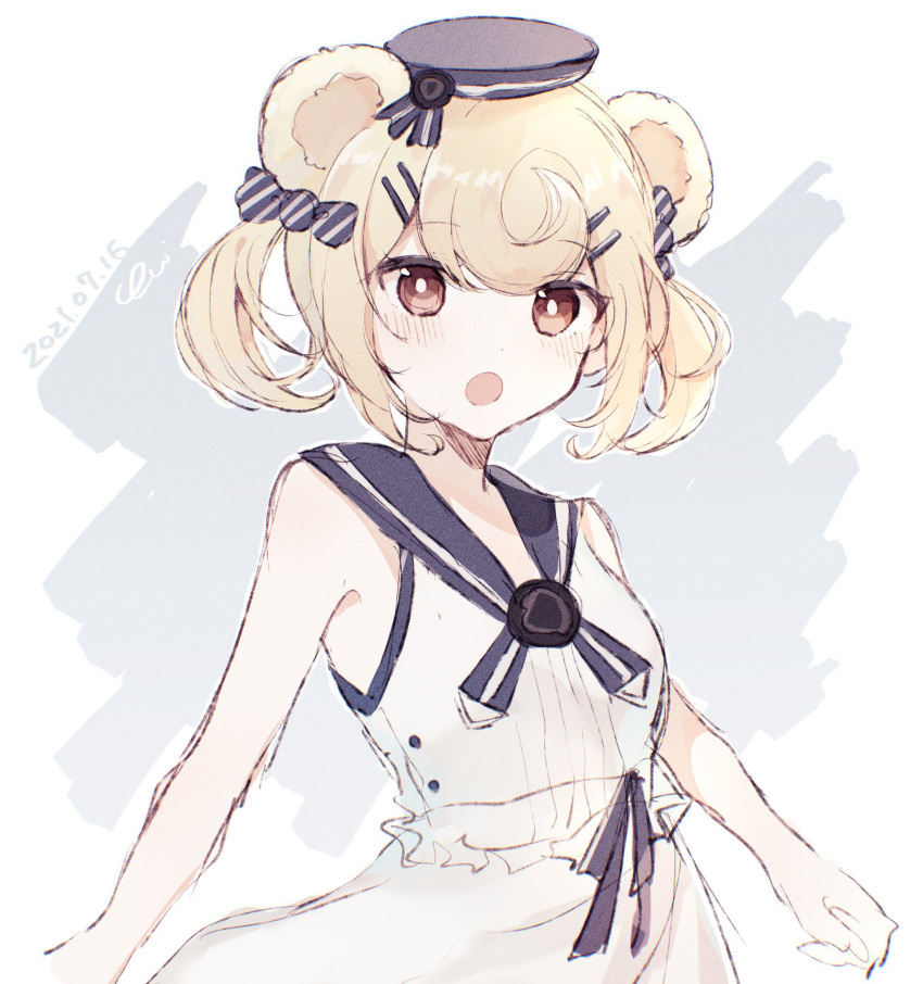 1girl, animal_ears, arknights, bangs, bare_arms, bear_ears, blonde_hair, blue_bow