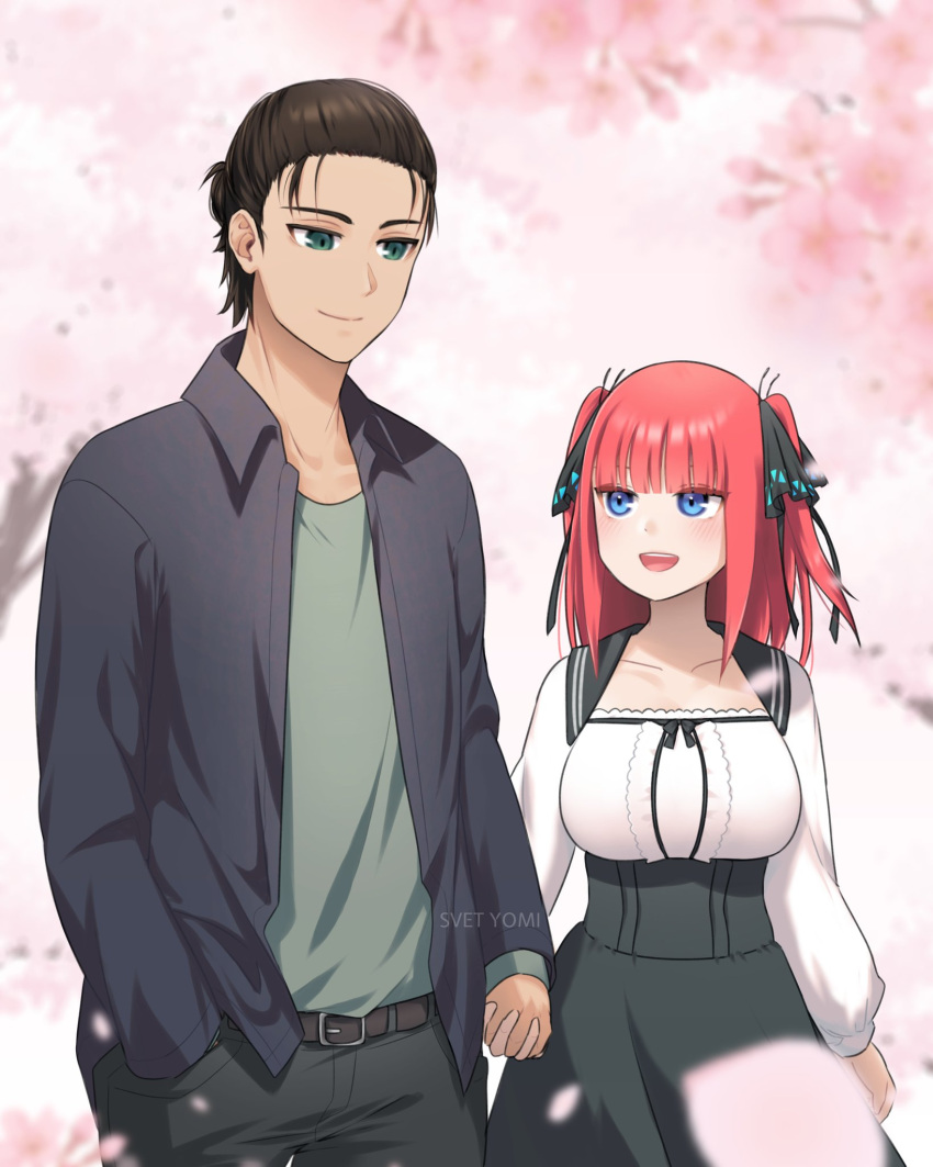 1boy, 1girl, bangs, black_hair, blue_eyes, blunt_bangs, casual, closed_mouth