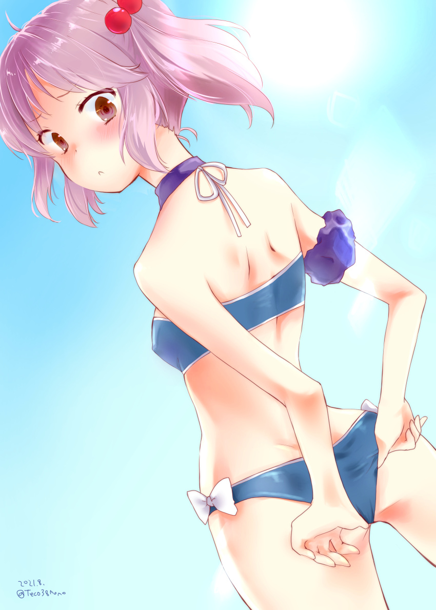 1girl, absurdres, ass, bikini, blue_bikini, blue_eyes, commentary_request, cowboy_shot