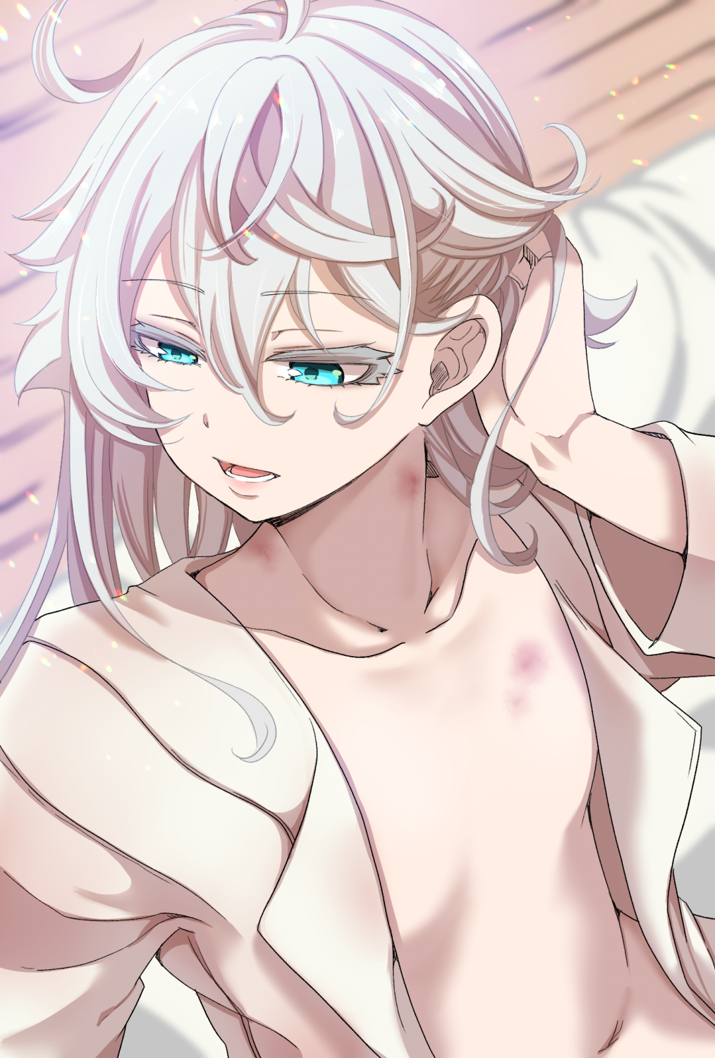 1girl, adjusting_hair, alternate_hairstyle, aqua_eyes, bed, bite_mark, blonde_hair, collarbone, eyebrows_visible_through_hair, from_above, hair_between_eyes, hair_down, hal_(goshujinomocha), hickey, highres, long_sleeves, looking_to_the_side, medium_hair, navel, open_clothes, open_mouth, open_shirt, sitting, solo, tanya_degurechaff, youjo_senki