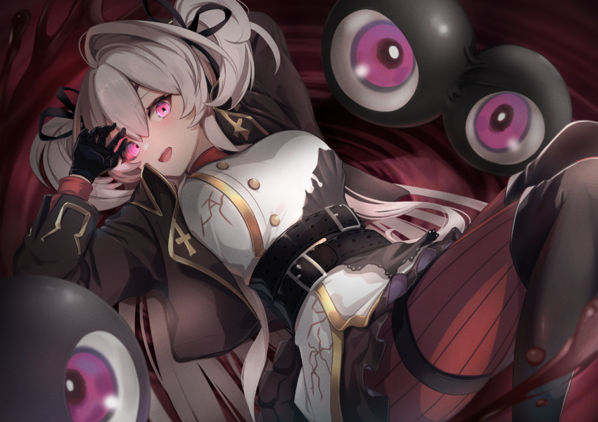 1girl, alchemy_stars, arm_behind_head, bangs, belt, black_gloves, breasts, eicy_(alchemy_stars)