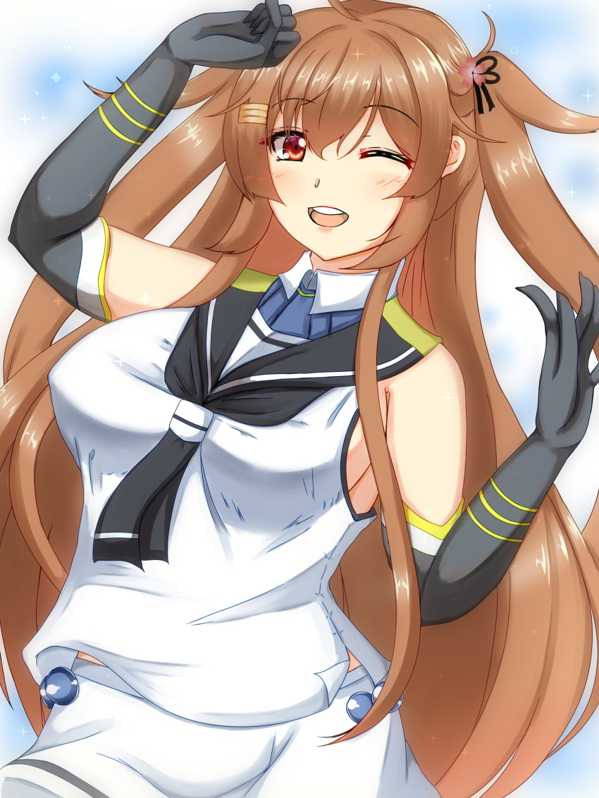 absurdres, black_gloves, breasts, brown_eyes, brown_hair, cosplay, elbow_gloves, gloves