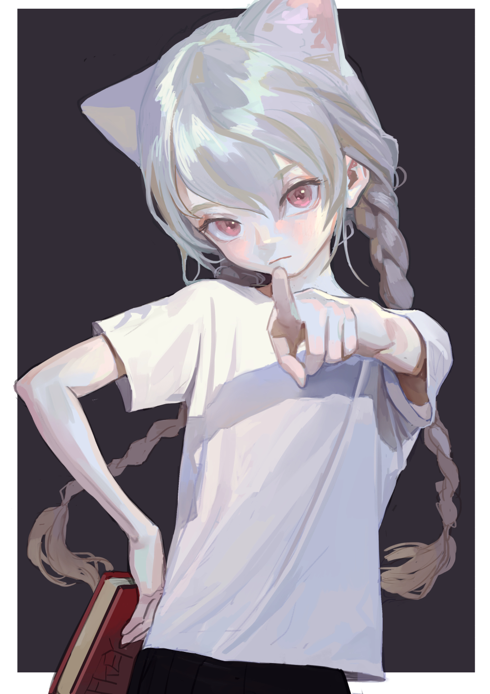 1girl, animal_ears, artist_name, black_skirt, book, border, braid, cat_ears