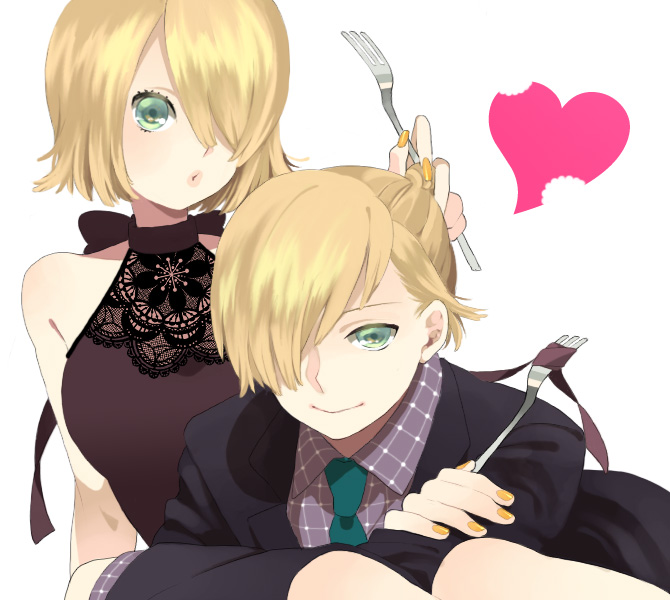 bad_id, blonde_hair, fork, formal, hair_over_one_eye, heart, kagamine_len, kagamine_rin