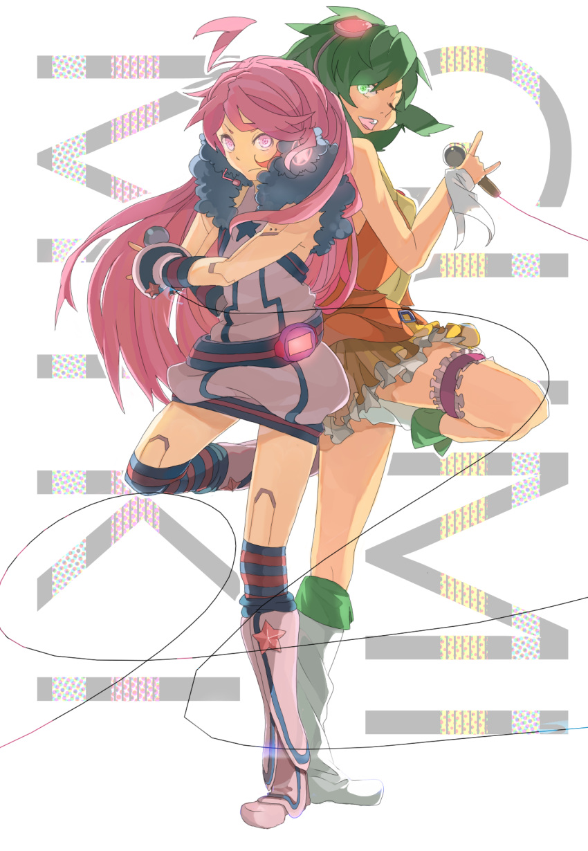 12345_(pixiv), \m/, ahoge, android, back-to-back, boots, earmuffs, goggles