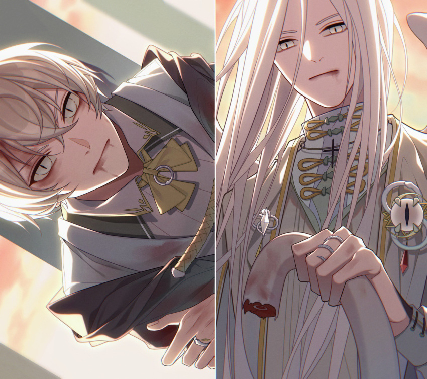 2boys, angel, angel_wings, bangs, bleeding, blood, brooch, chinese_commentary, commentary_request, cross, grey_eyes, grey_jacket, halo, highres, holding, infinity, jacket, jewelry, long_hair, looking_at_another, lord_of_the_mysteries, multiple_boys, ouroboros_(lord_of_the_mysteries), pastrys, pillar, ring, robe, shirt, short_hair, silver_eyelashes, silver_hair, sky, snake, sunset, white_robe, white_shirt, will_auceptin_ceres, wings, yellow_neckwear