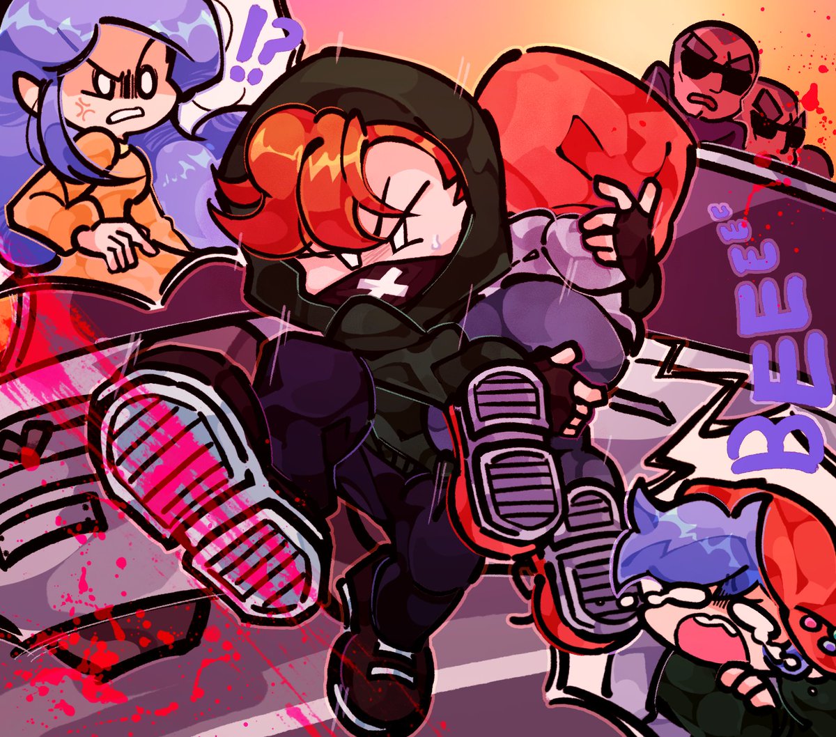 !?, 1girl, 4boys, alternate_universe, anger_vein, angry, bad_id, bad_twitter_id, bandana, bandana_over_mouth, black_bandana, blue_hair, boyfriend_(friday_night_funkin'), car, carrying, crying, dress, friday_night_funkin', friday_night_funkin'_soft, green_hoodie, hood, hood_up, hoodie, jumping, long_hair, merry_bongbong, mother_and_son, mother_mairest, mouth_mask, orange_dress, orange_hair, paint, paint_splatter, pants, pico_(pico's_school), red_hat, shoes, sunglasses, sweat, tears