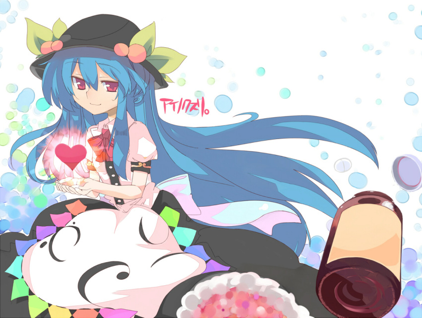 bottle, glowing, hat, heart, hinanawi_tenshi, long_hair, long_skirt, outstretched_hand