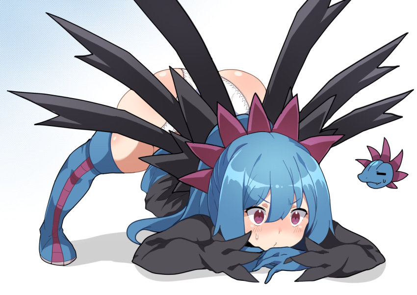 1girl, bangs, blue_footwear, blue_gloves, blue_hair, blue_skirt, blush, boots, chibi, chibi_inset, closed_mouth, clothes_lift, commentary_request, gen_5_pokemon, gloves, hair_between_eyes, hair_ornament, hydreigon, jack-o'_challenge, long_hair, maks_(makusu_210), panties, personification, pokemon, shiny, shiny_hair, shiny_skin, skirt, skirt_lift, sweatdrop, thigh-highs, thigh_boots, underwear, violet_eyes, white_panties