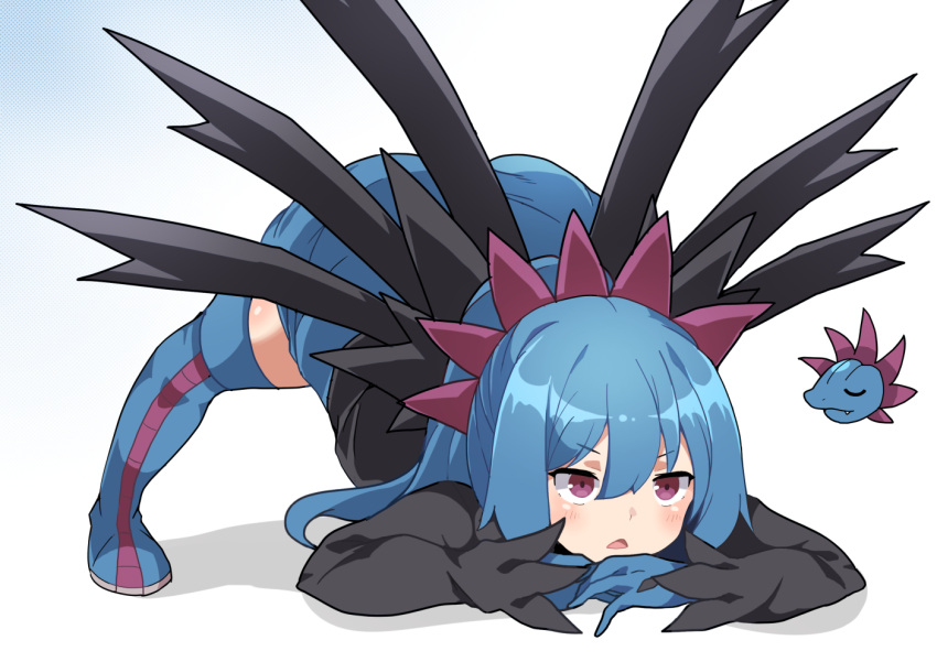 1girl, bangs, blue_footwear, blue_gloves, blue_hair, blue_skirt, blush, boots, chibi, chibi_inset, commentary_request, gen_5_pokemon, gloves, hair_between_eyes, hair_ornament, hydreigon, jack-o'_challenge, long_hair, maks_(makusu_210), open_mouth, personification, pokemon, shiny, shiny_hair, skirt, thigh-highs, thigh_boots, tongue, violet_eyes
