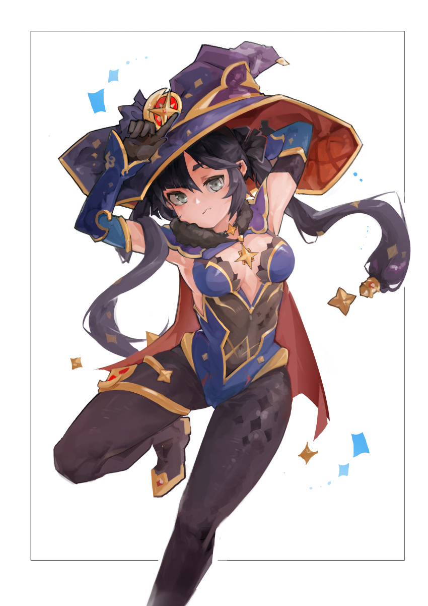 1girl, :<, absurdres, armpits, arms_up, black_gloves, black_hair, black_legwear