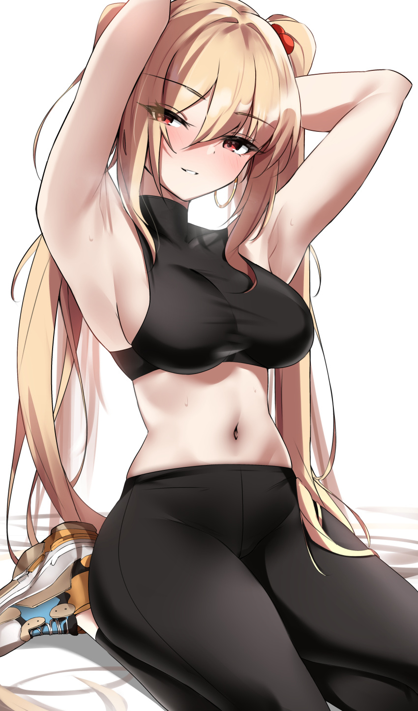 1girl, absurdres, armpits, arms_up, black_legwear, black_pants, blonde_hair, blush