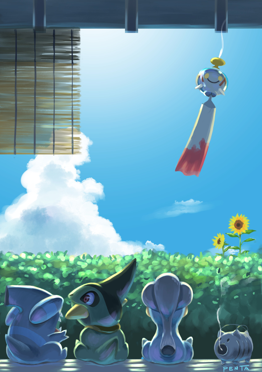absurdres, axew, bagon, chimecho, clouds, commentary_request, day, flower