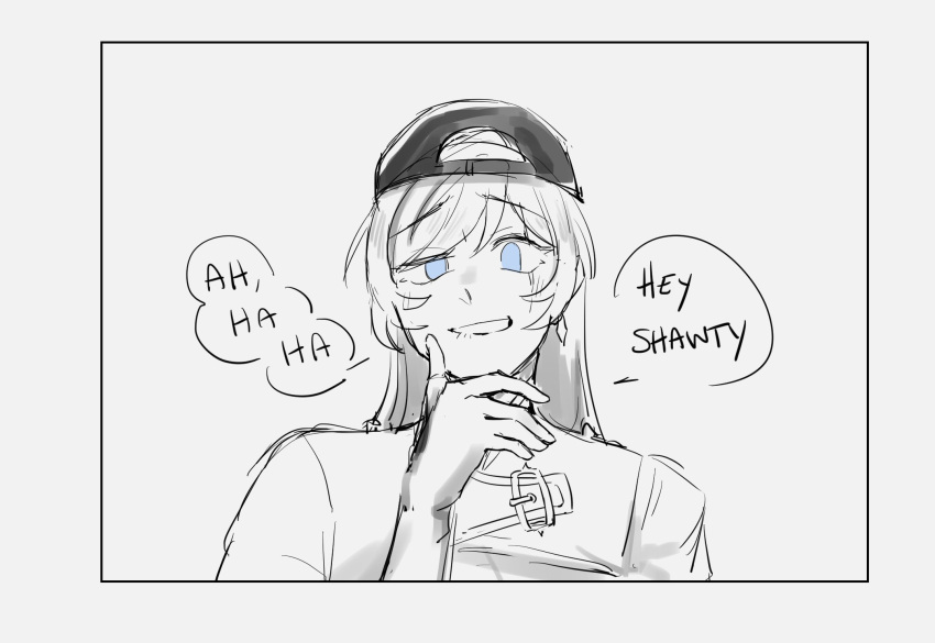 backwards_hat, blue_eyes, buckle, english_text, hand_on_own_face, hat, highres, long_hair, rey_yeet, rwby, scar, scar_across_eye, solo, spot_color, weiss_schnee