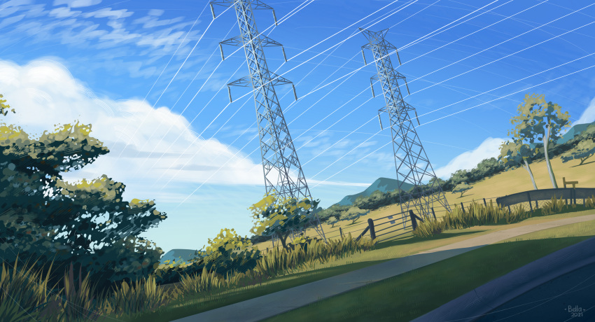 absurdres, artist_name, bellavoirr, clouds, commentary_request, dated, day, fence