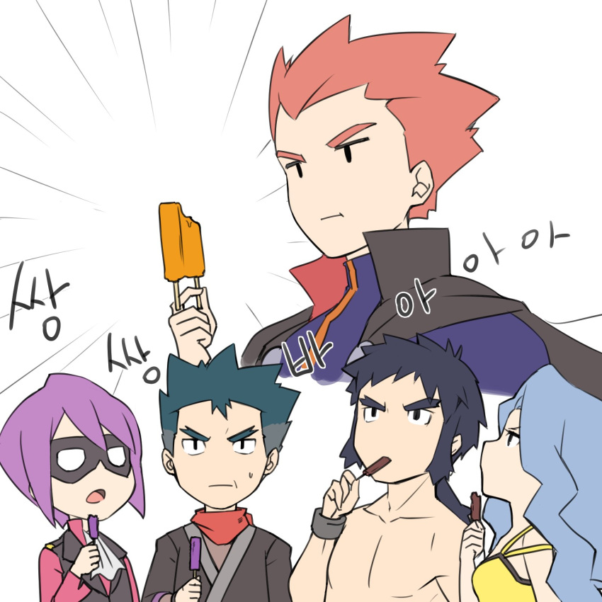 1girl, 4boys, :t, bangs, black_eyes, black_hair, bruno_(pokemon), cape