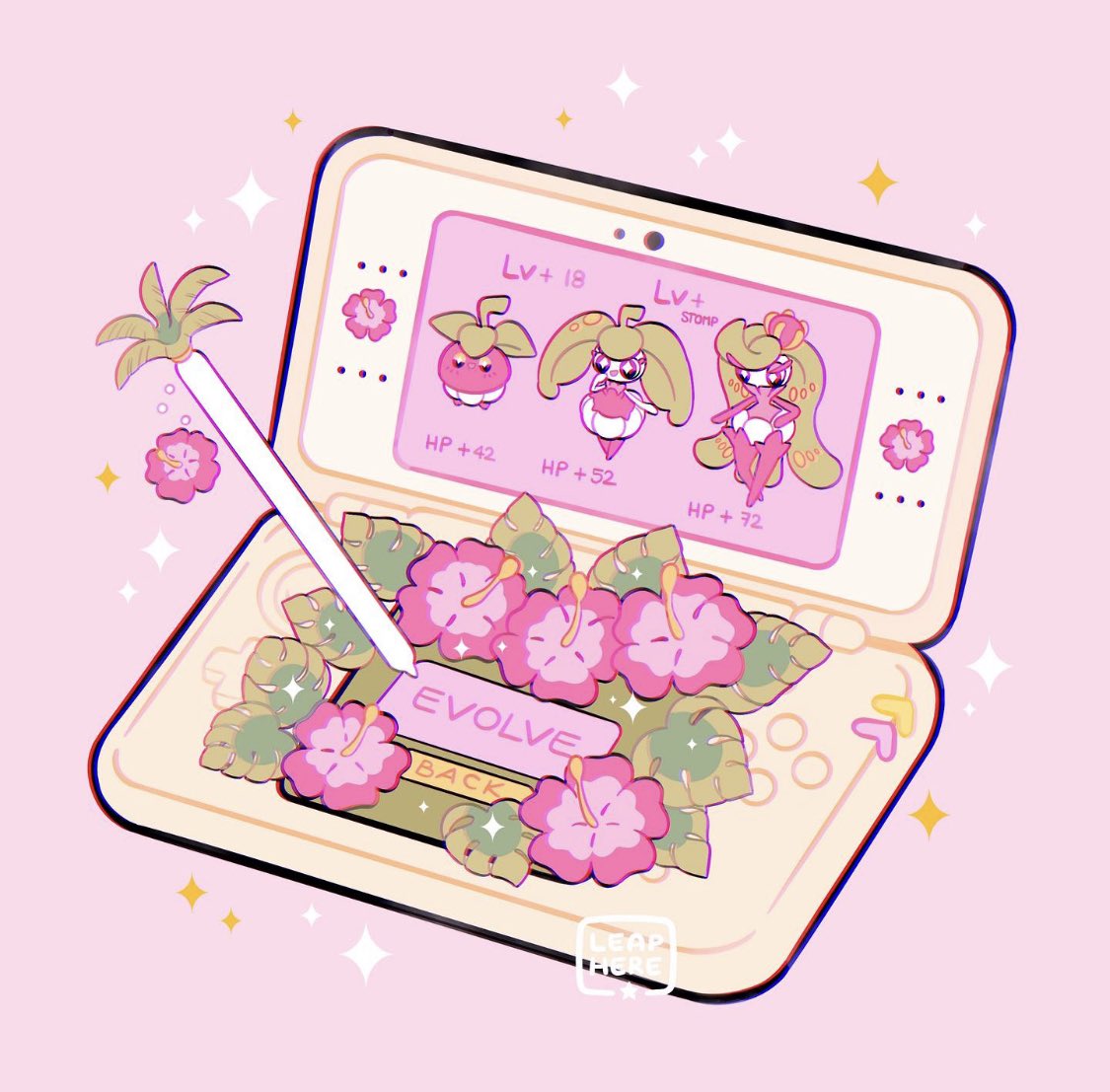 artist_name, bounsweet, buttons, commentary, flower, gen_7_pokemon, hand_up, leaf