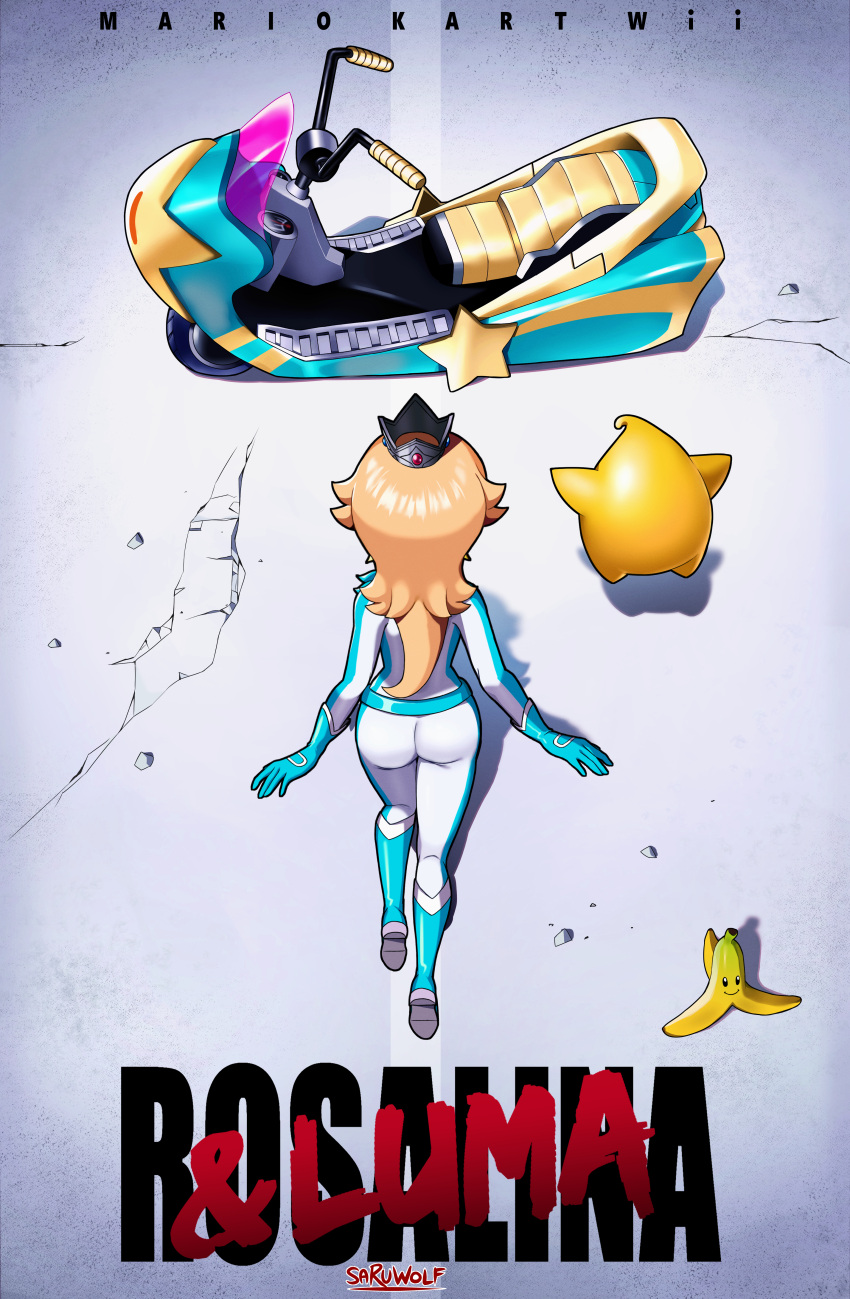1girl, absurdres, akira, ass, back, banana_peel, blonde_hair, character_name