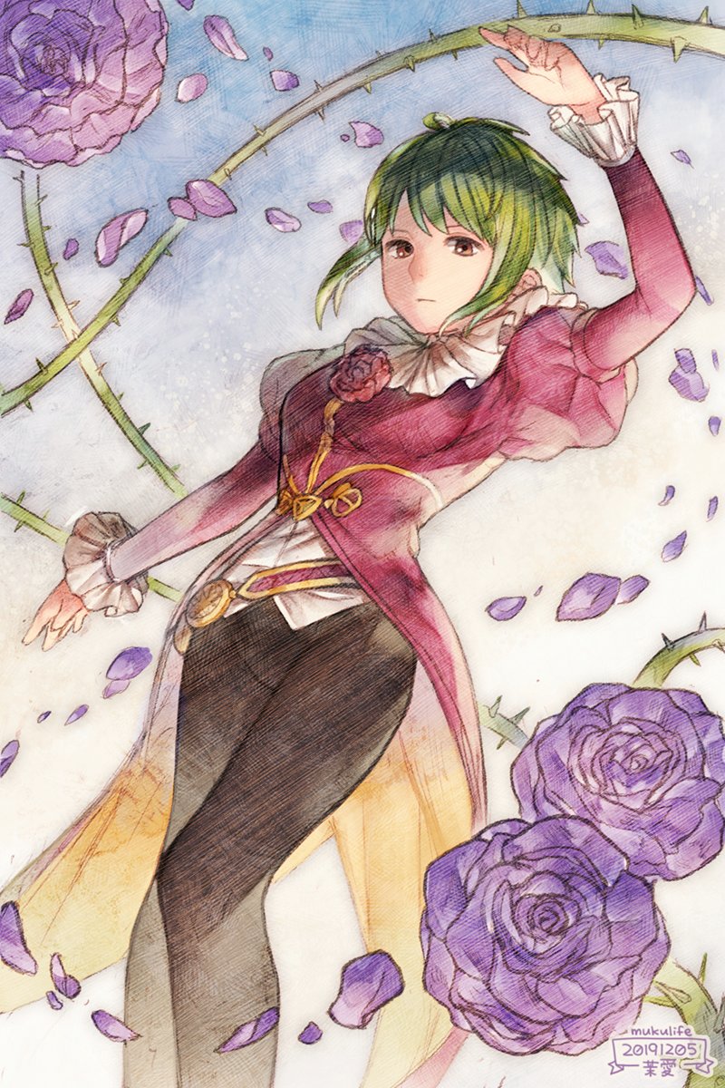 1girl, artist_name, asellus_(saga_frontier), breasts, brown_eyes, closed_mouth, dated, dress, flower, green_hair, highres, looking_at_viewer, mai_(tsupiem), red_flower, red_rose, rose, saga, saga_frontier, short_hair, solo, thorns