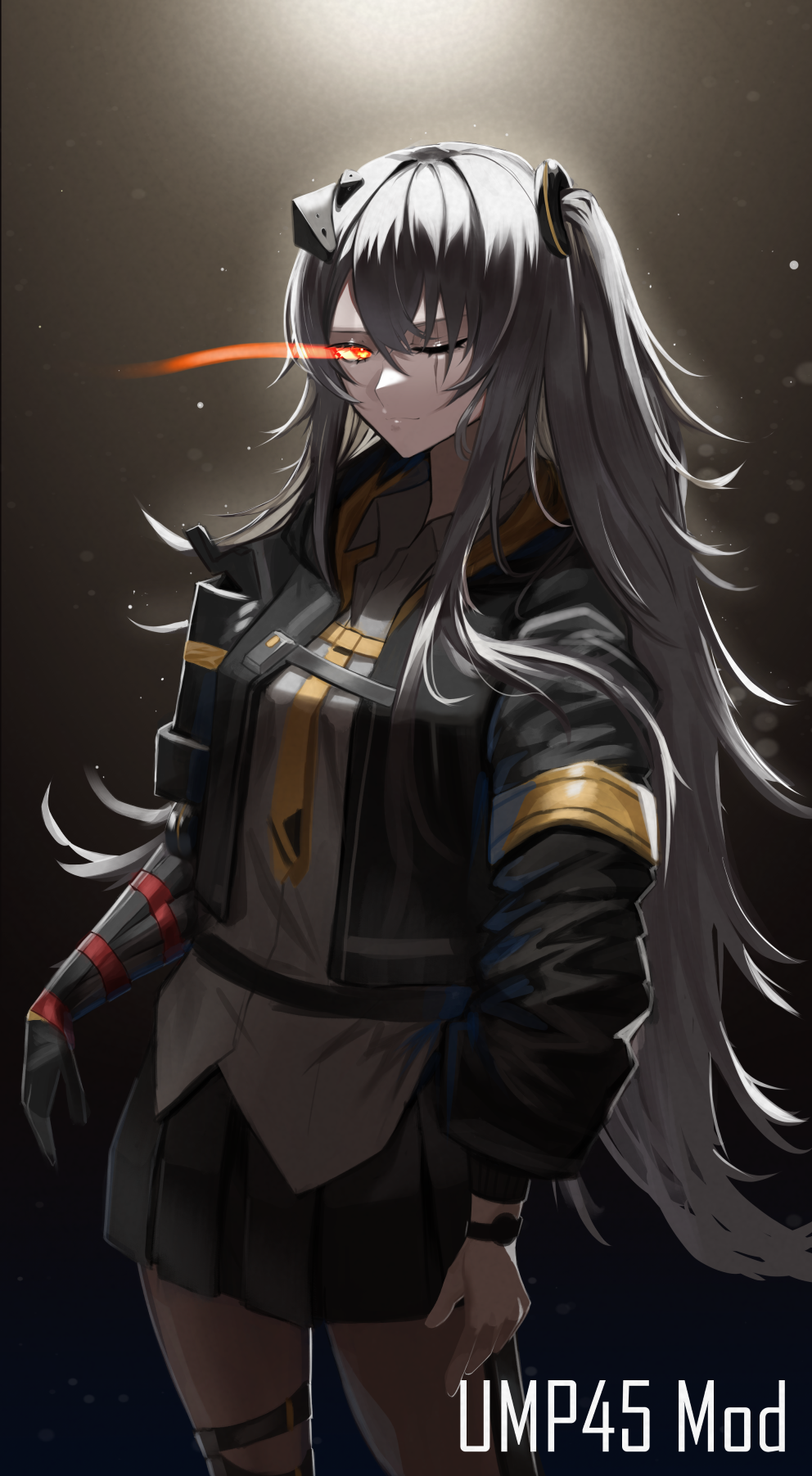 1girl, bangs, black_jacket, character_name, closed_mouth, eyebrows_visible_through_hair, feet_out_of_frame, girls_frontline, grey_hair, grey_skirt, highres, jacket, long_hair, looking_at_viewer, mechanical_arms, mod3_(girls_frontline), necktie, one_eye_closed, open_clothes, open_jacket, red_eyes, saturndxy, scar, scar_across_eye, shirt, side_ponytail, simple_background, single_mechanical_arm, skirt, solo, standing, ump45_(girls_frontline), watch, white_shirt, yellow_neckwear