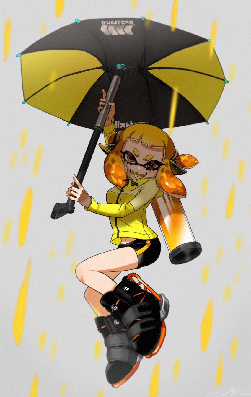 1girl, bangs, bike_shorts, black_footwear, black_shorts, blunt_bangs, commentary_request, fangs, headgear, hero_brella_(splatoon), high_tops, highres, holding, holding_weapon, ink_tank_(splatoon), inkling, jacket, looking_at_viewer, midriff_peek, navel, open_mouth, orange_eyes, orange_hair, short_hair_with_long_locks, shorts, single_vertical_stripe, solo, splatoon_(series), squidbeak_splatoon, tentacle_hair, weapon, yellow_jacket, yeneny