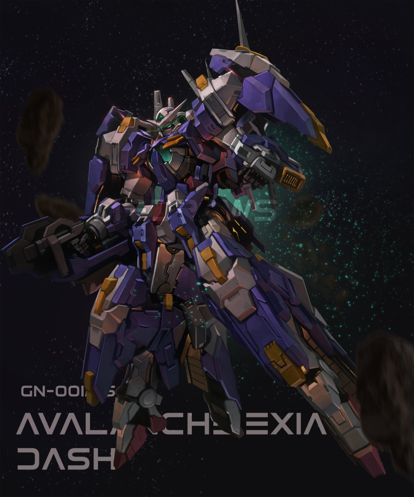absurdres, aqua_eyes, brayanong999, character_name, clenched_hand, floating, gun, gundam