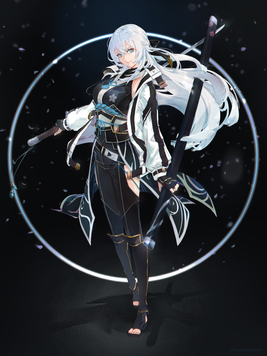 1girl, bangs, belt, black_background, black_gloves, black_kimono, black_pants, blue_eyes