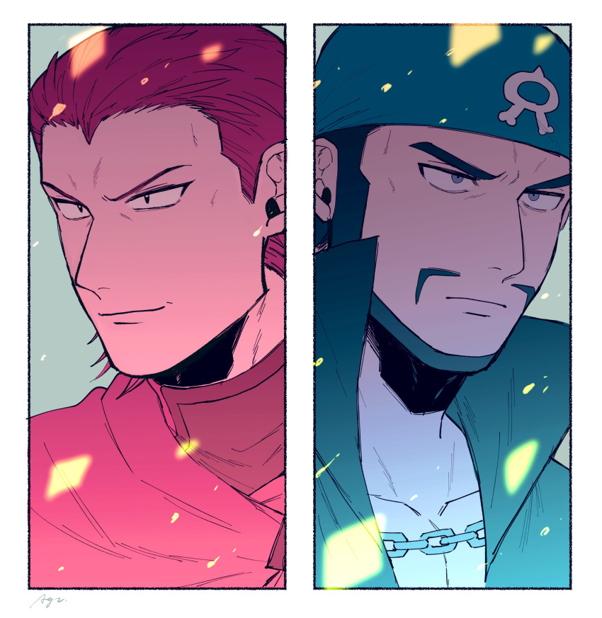 2boys, age_(moco018), archie_(pokemon), beard, black_eyes, black_hair, black_shirt, blue_bandana