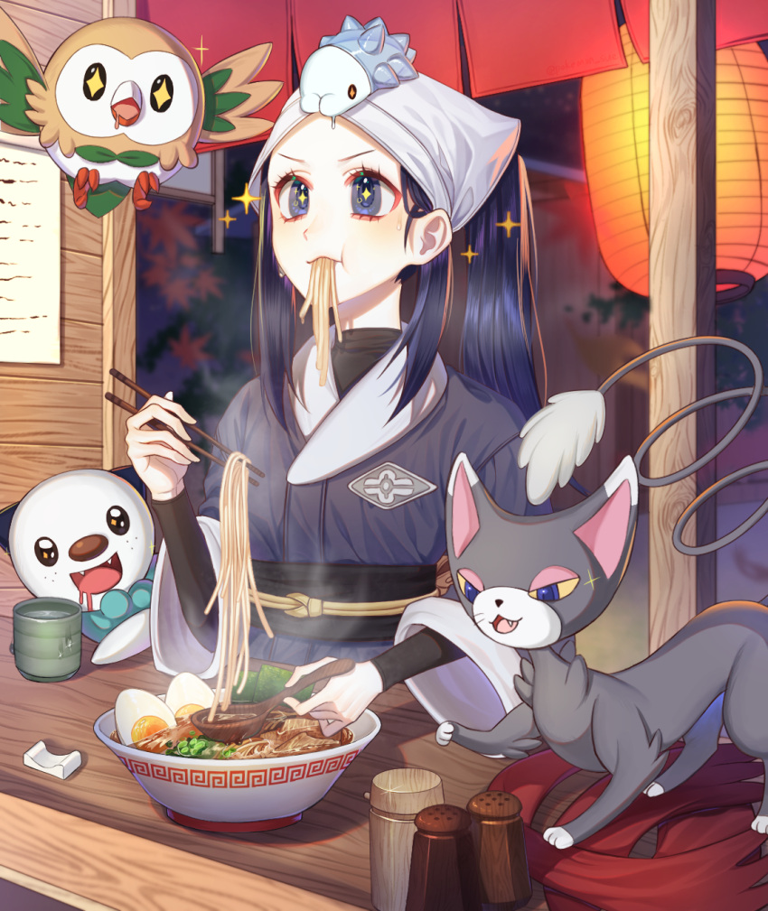 1girl, akari_(pokemon), black_hair, black_undershirt, bowl, chopsticks, commentary_request, eating