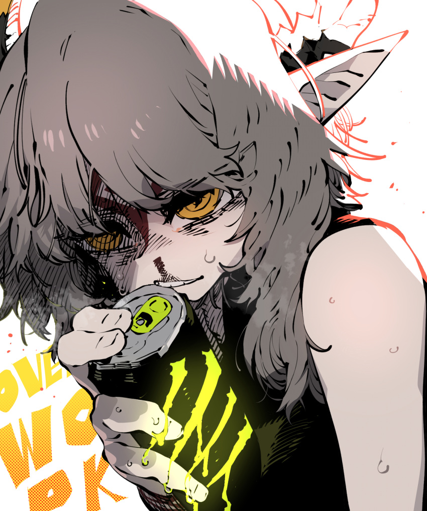 1girl, axehorn_(ssambatea), blood, can, grey_hair, highres, holding, holding_can