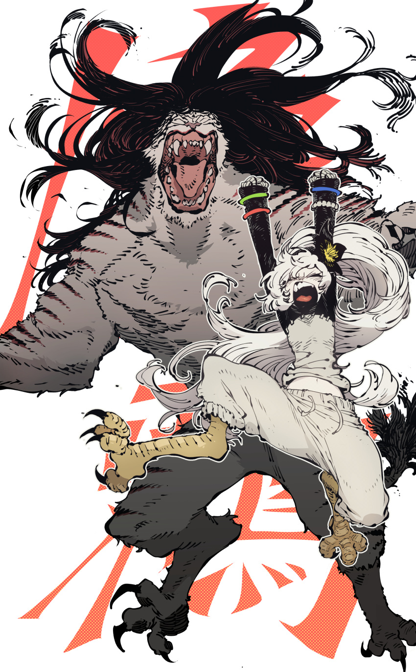 1girl, absurdres, black_flower, closed_eyes, floating_hair, flower, grey_pants, hair_flower, hair_ornament, hands_up, highres, jumping, long_hair, long_sleeves, midriff, monster, monster_girl, navel, open_mouth, pants, ponytail, shirt, sleeves_past_wrists, ssambatea, talons, toratsugumi, very_long_hair