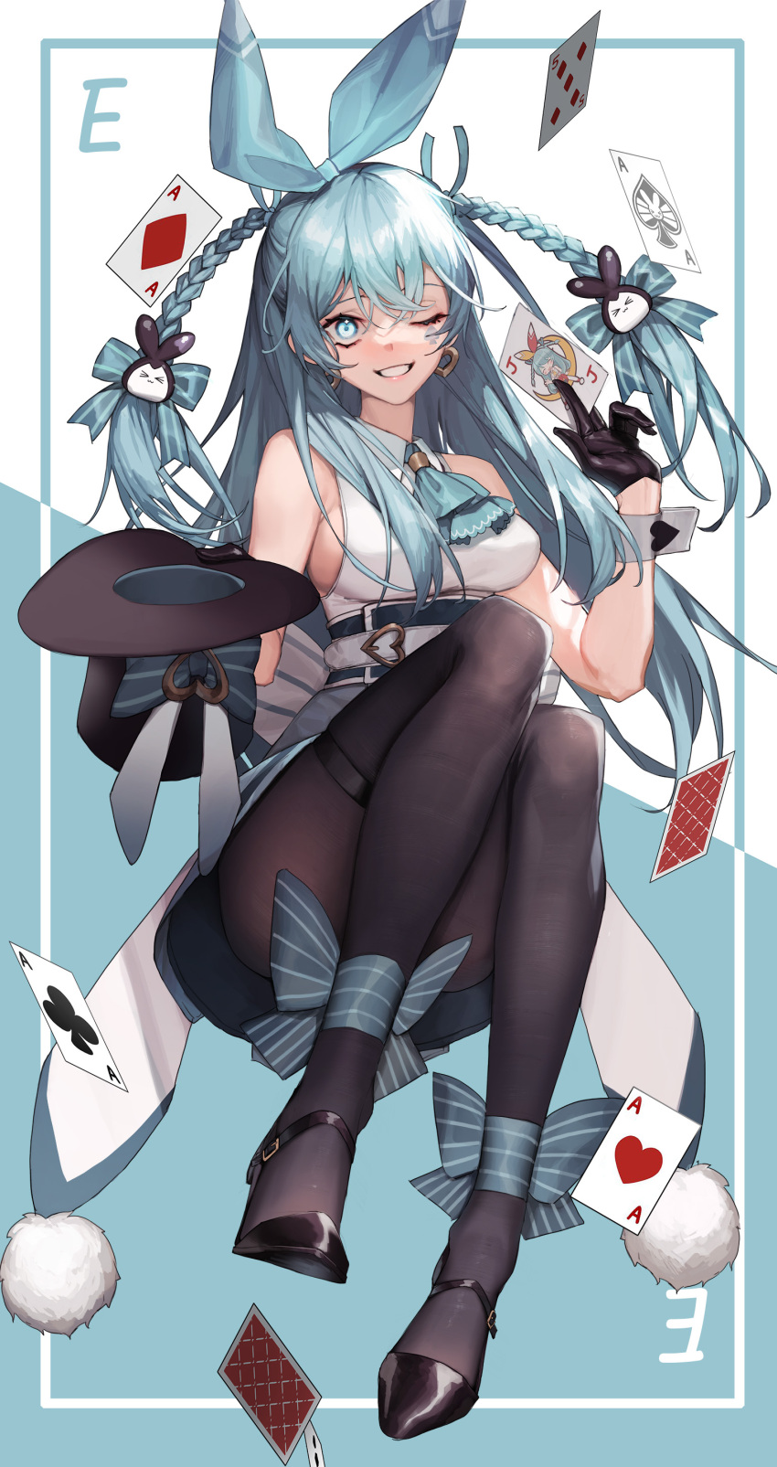 1girl, absurdres, aqua_hair, black_gloves, black_legwear, black_survival, blue_eyes, breasts, card, earrings, emma_hardy, gloves, hair_ribbon, hat, high_heels, highres, jewelry, long_hair, looking_at_viewer, medium_breasts, one_eye_closed, pantyhose, playing_card, ribbon, shirt, sideboob, sleeveless, sleeveless_shirt, smile, tagme, top_hat, tunamayo_(dsasd751), very_long_hair, white_shirt
