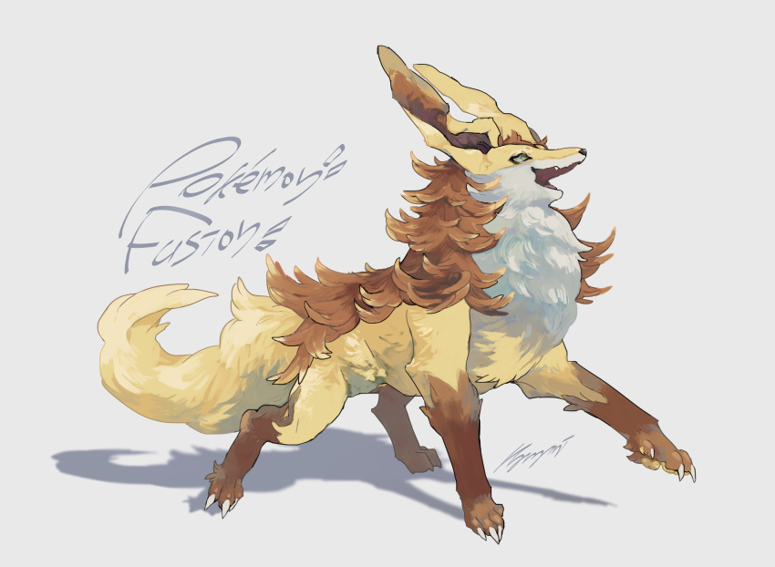 absurdres, claws, commentary, delphox, full_body, fusion, gen_3_pokemon, gen_6_pokemon, green_eyes, highres, kanami_(bprod), mightyena, no_humans, open_mouth, pokemon, pokemon_(creature), signature, solo, standing, toes