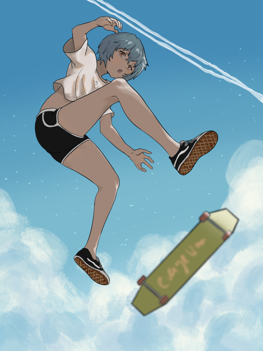 1girl, ayanami_rei, bare_legs, black_footwear, black_shorts, blue_hair, blue_sky, casual