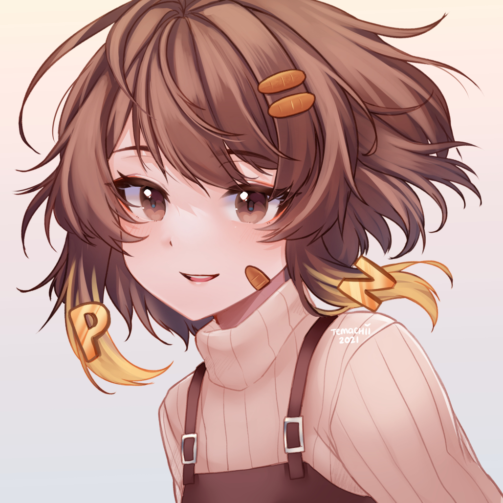 1girl, :d, blonde_hair, blush, brown_eyes, brown_hair, brown_overalls, commentary