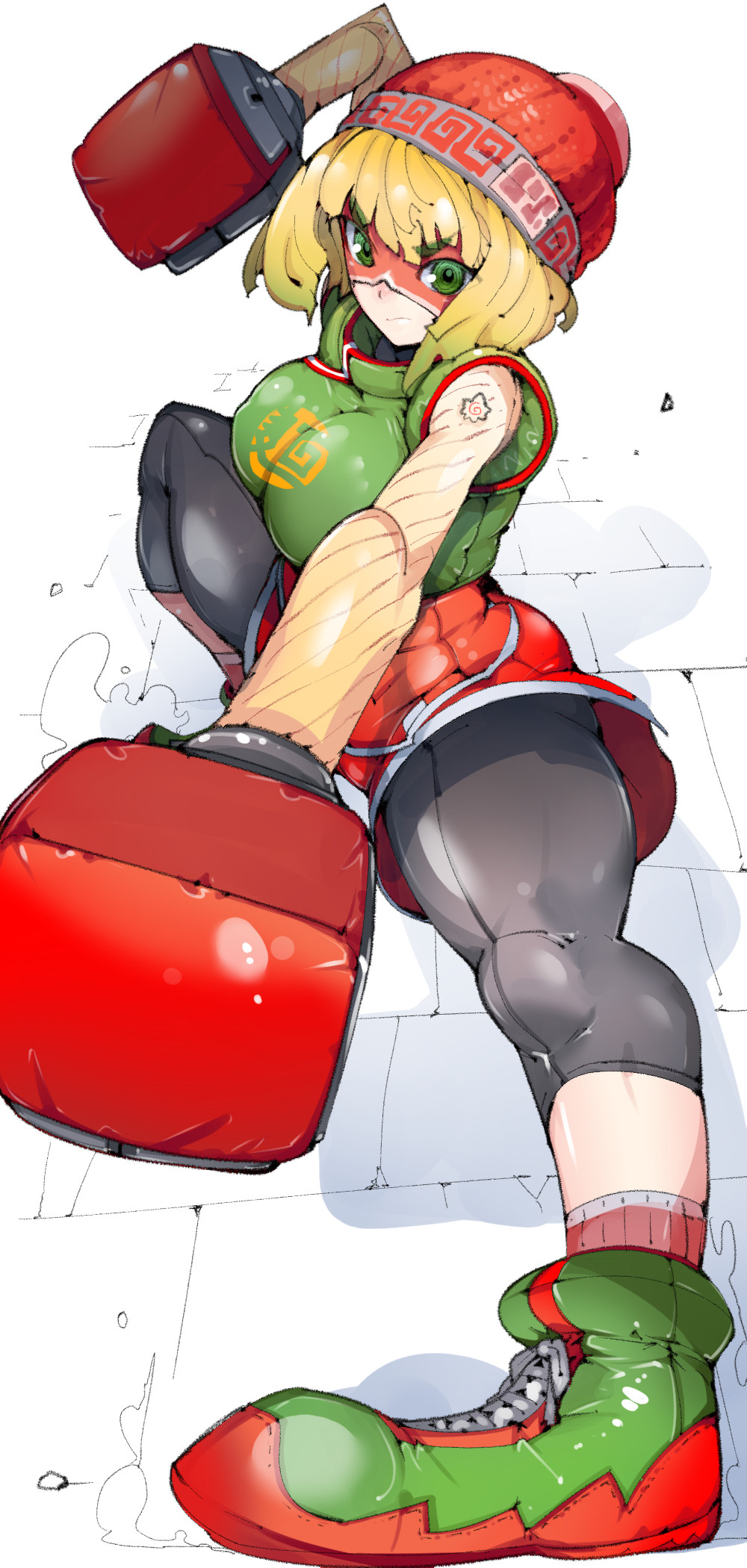 1girl, arms_(game), bangs, beanie, blonde_hair, bob_cut, boxing_gloves, capri_pants